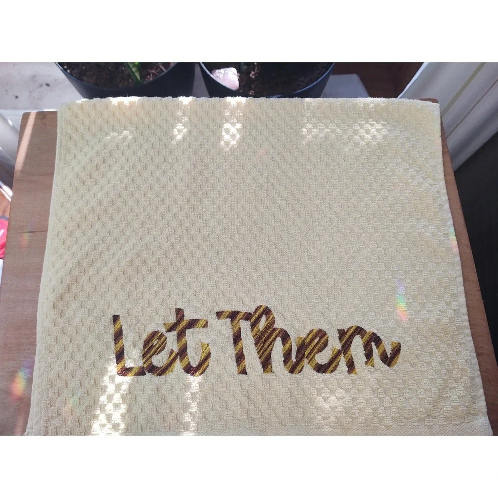 LET THEM Pink Bar Kitchen Bath Tea Towel Handcrafted Machine Embroidered Mel